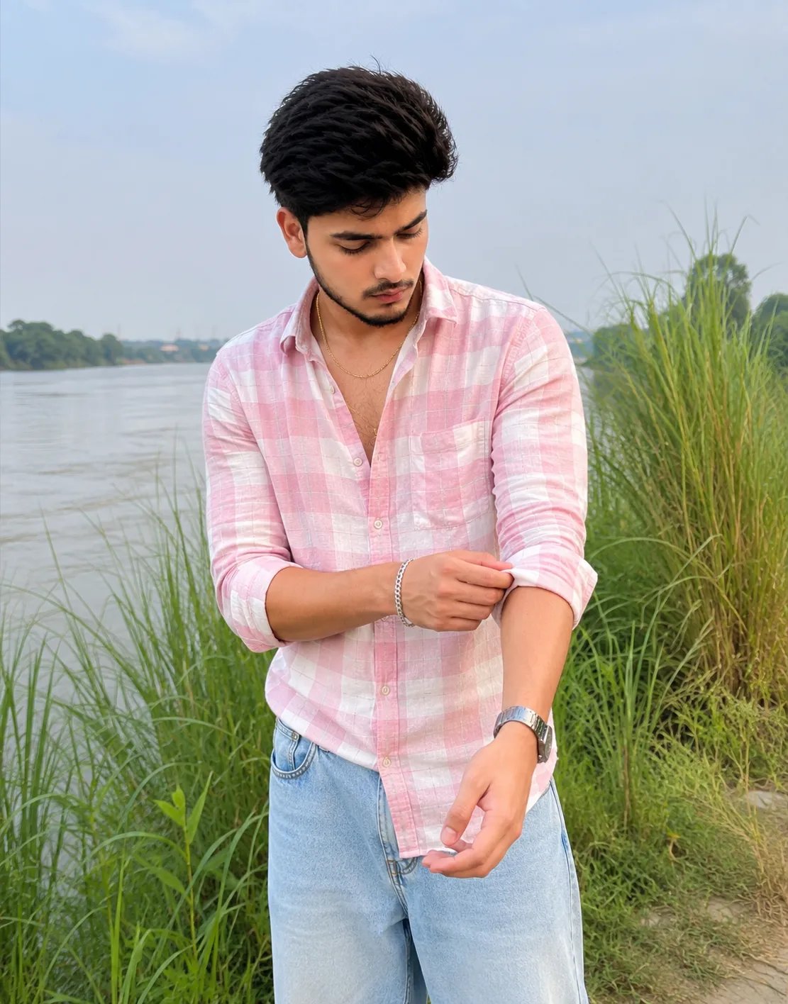 Young South Asian boy by river